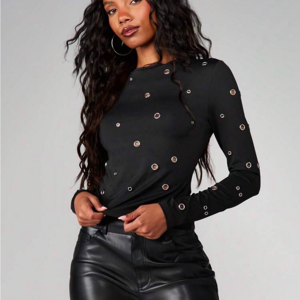 Missguided + Black Long Sleeve Grommet-Detail Top - NEW WITH TAGS